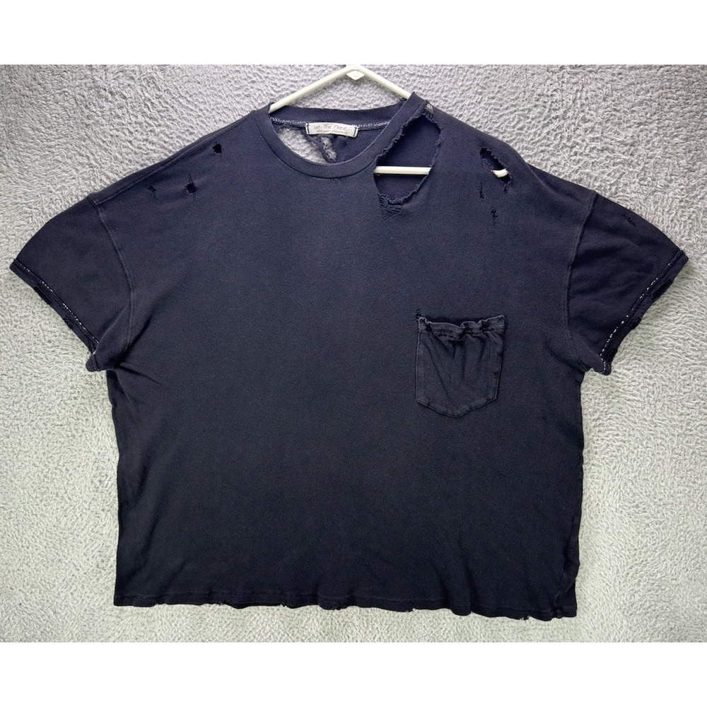 We The Free People Shirt Top Womens Large Black Distressed Pocket T Destroyed